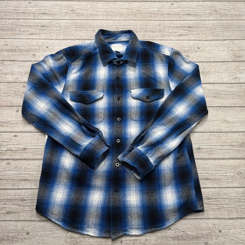 American Eagle Flannel Shirt Men's L Blue Buffalo Plaid Classic Fit Long Sleeve